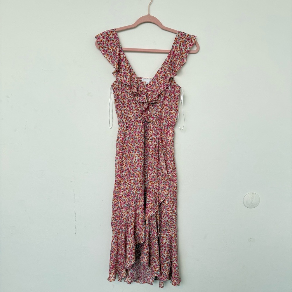 Socialite (Nordstrom) Pink Floral Print Ruffled Faux Wrap High/Low Midi Dress
